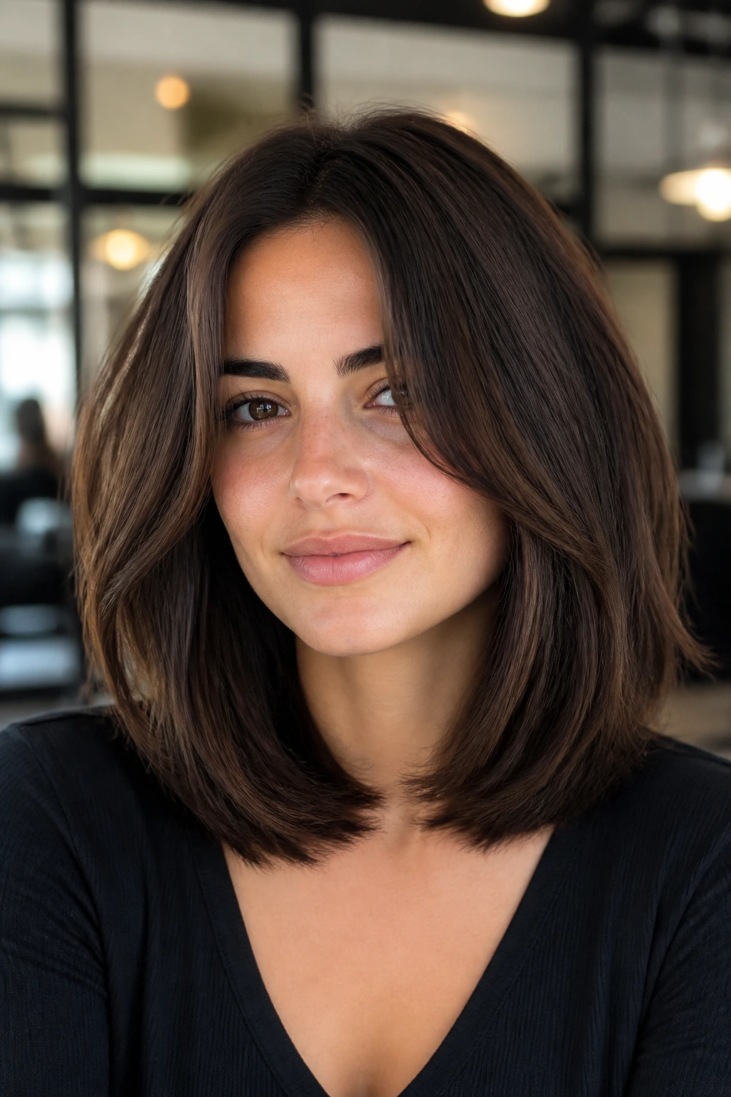 Close-up of shoulder-length thick hair with interior weight removal and soft layering