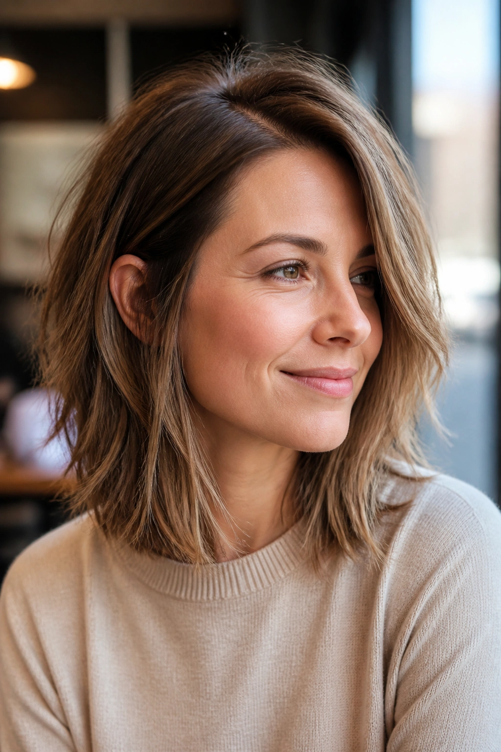 Portrait of a real woman with shoulder-length cut and side part in a cafe setting.