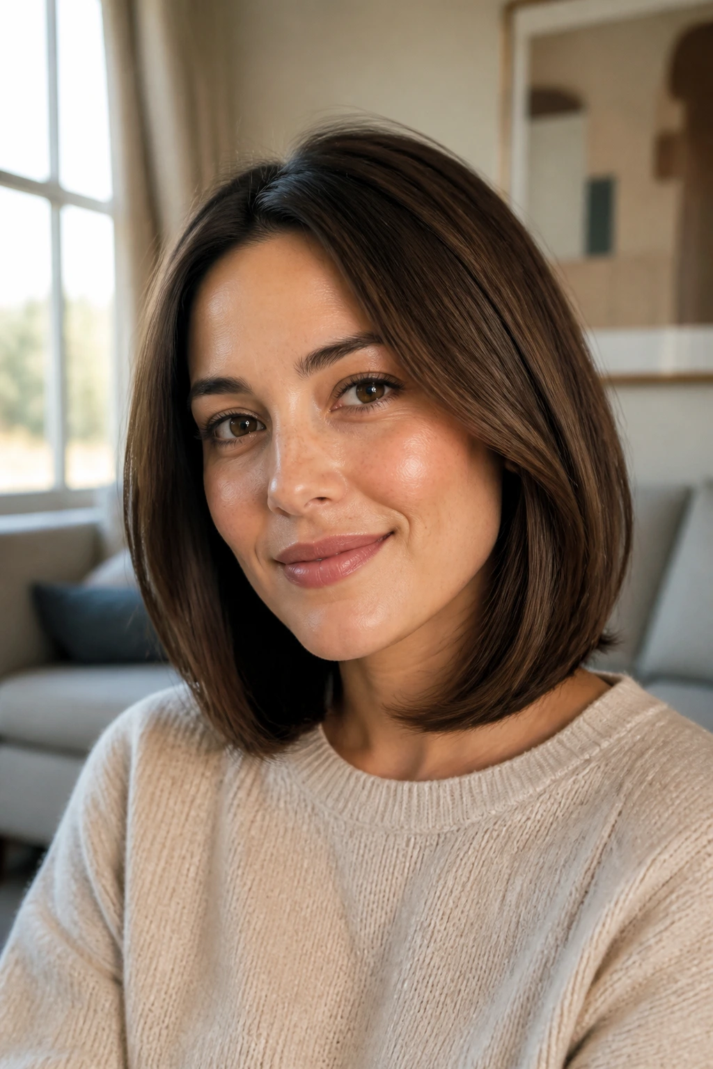 Close-up of a real woman with a shoulder-length haircut featuring tucked ends, clean lines framing a round face