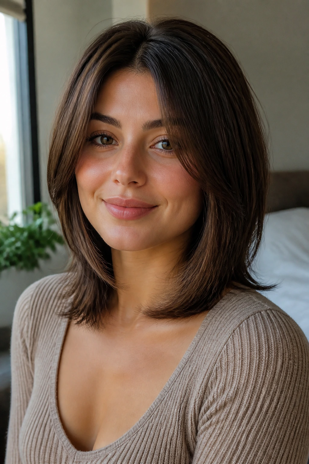 Close-up portrait of a real woman with shoulder-length internal graduated haircut.