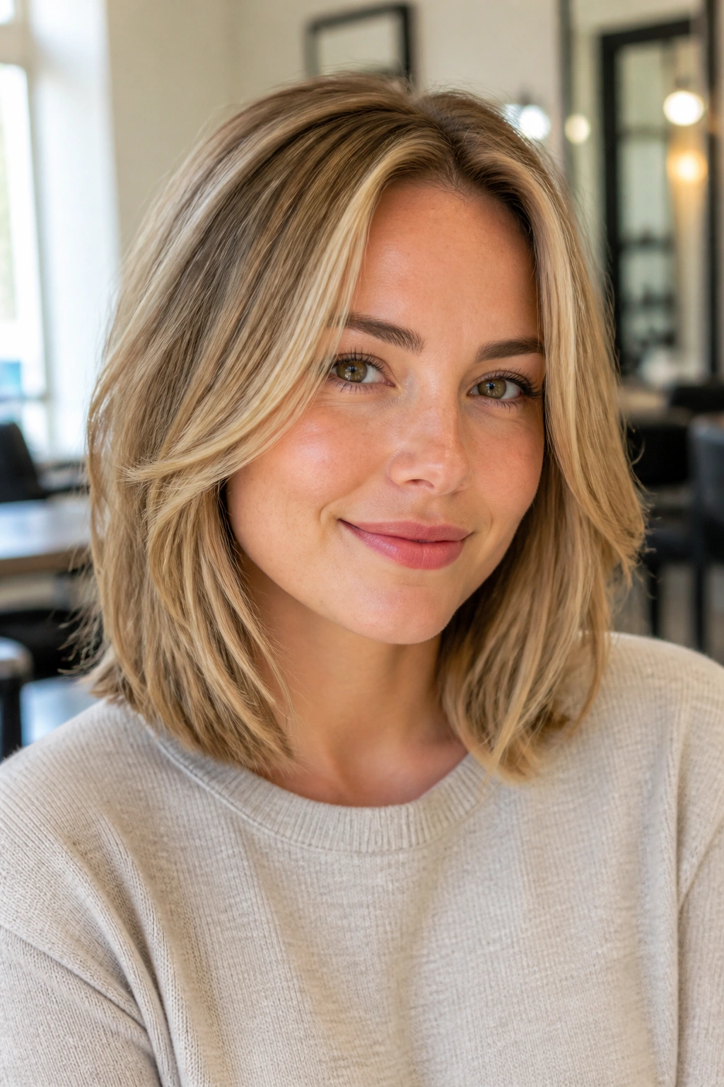 Close-up of a real woman with shoulder-length cut and internal layers