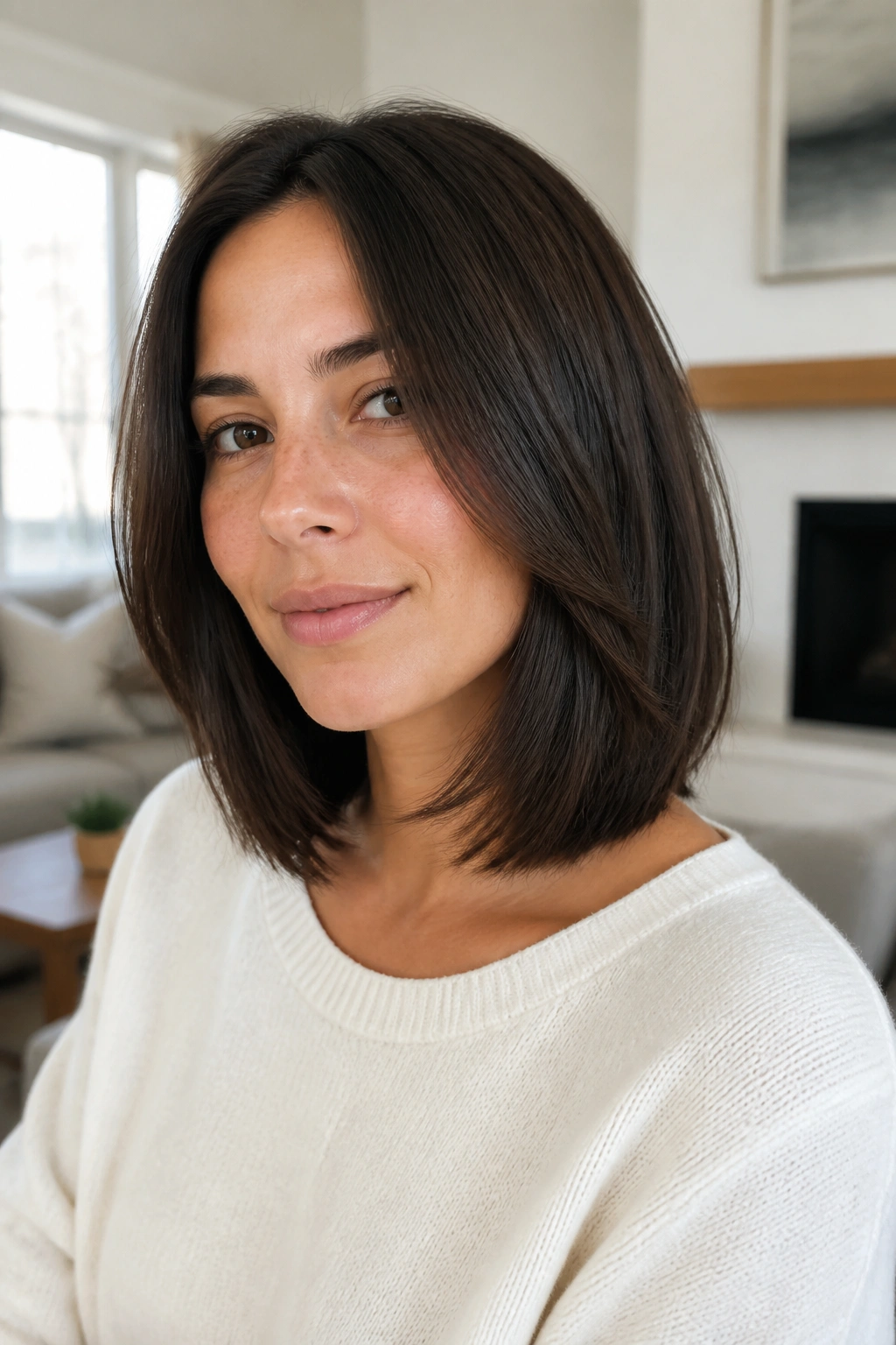 Close-up portrait of a real woman with shoulder-length cut with invisible layers in daylight living room