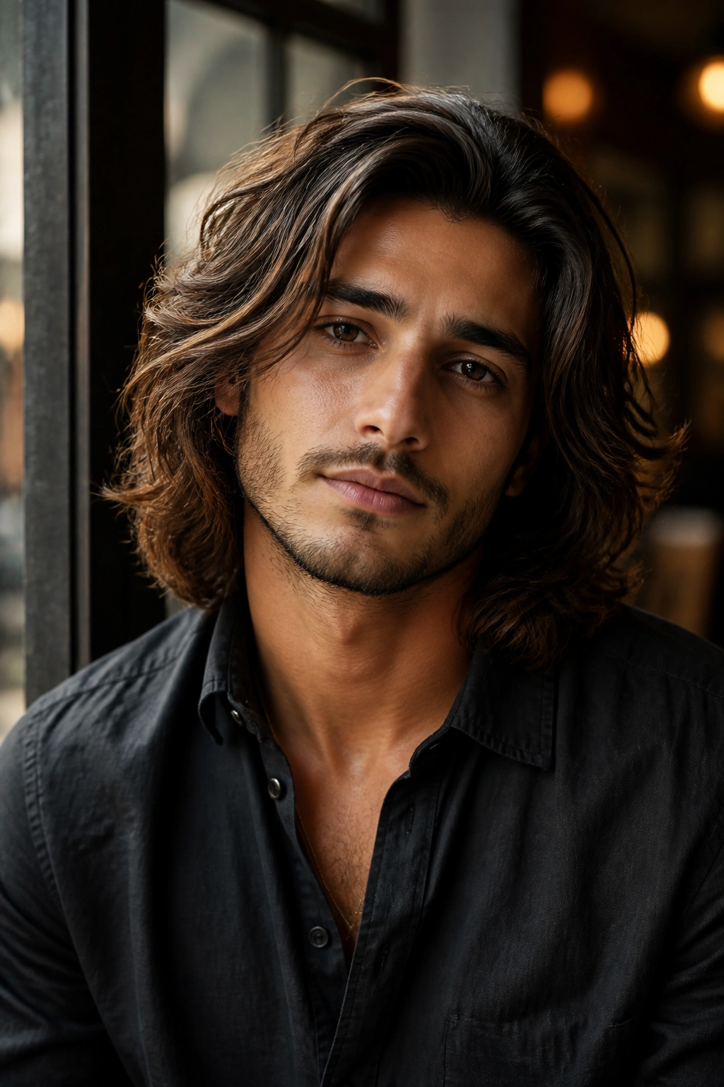 Portrait of a real person with shoulder-length layered wavy hair