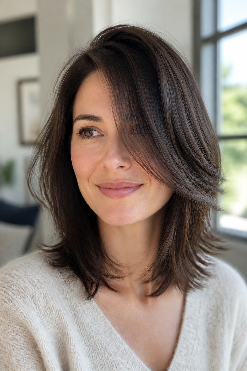 Close-up of a real woman with shoulder-length layered hair and off-center part.