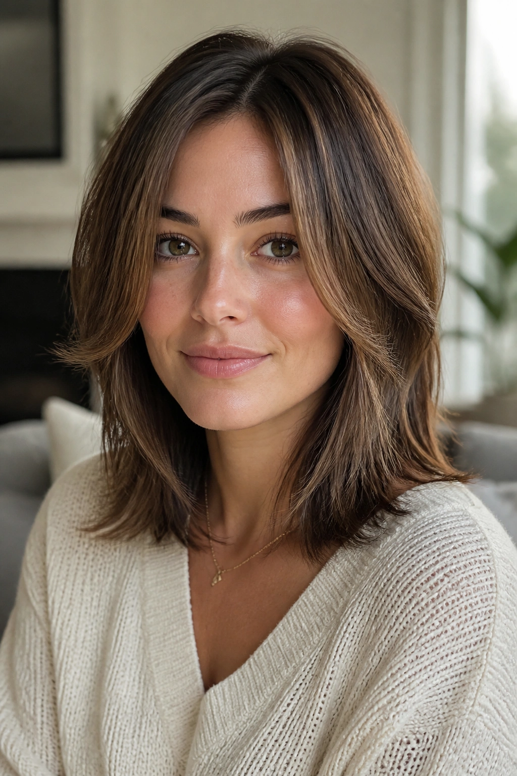 Real woman with shoulder-length layers and face-framing pieces.