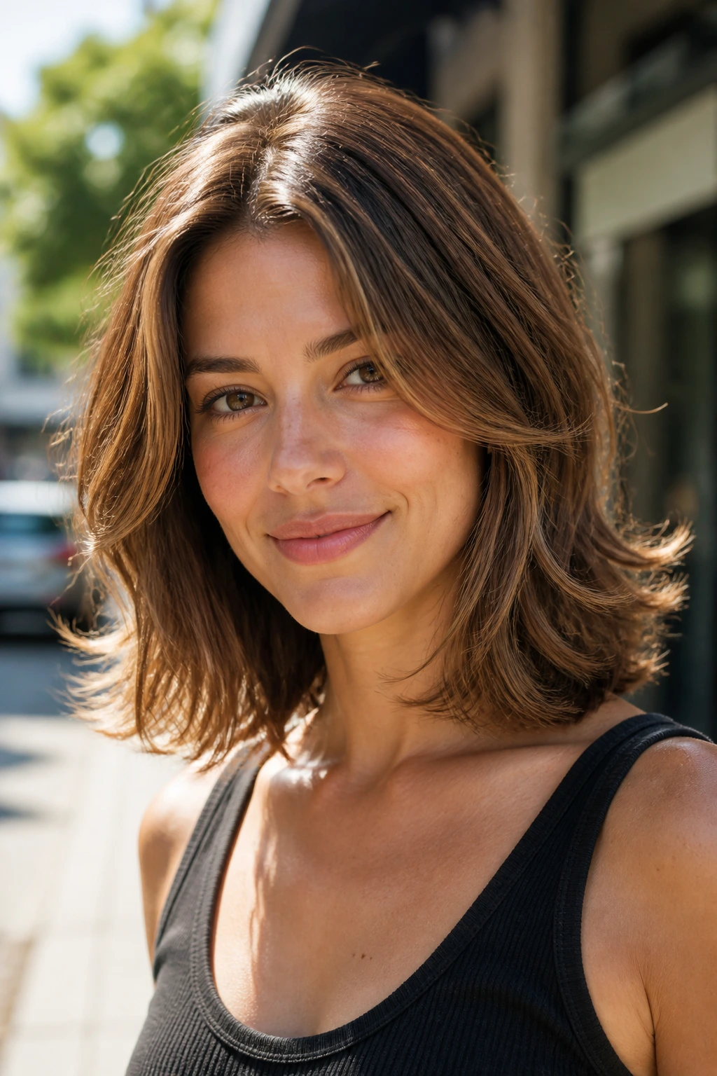 Close-up portrait of a real woman with shoulder-length layers and flipped ends