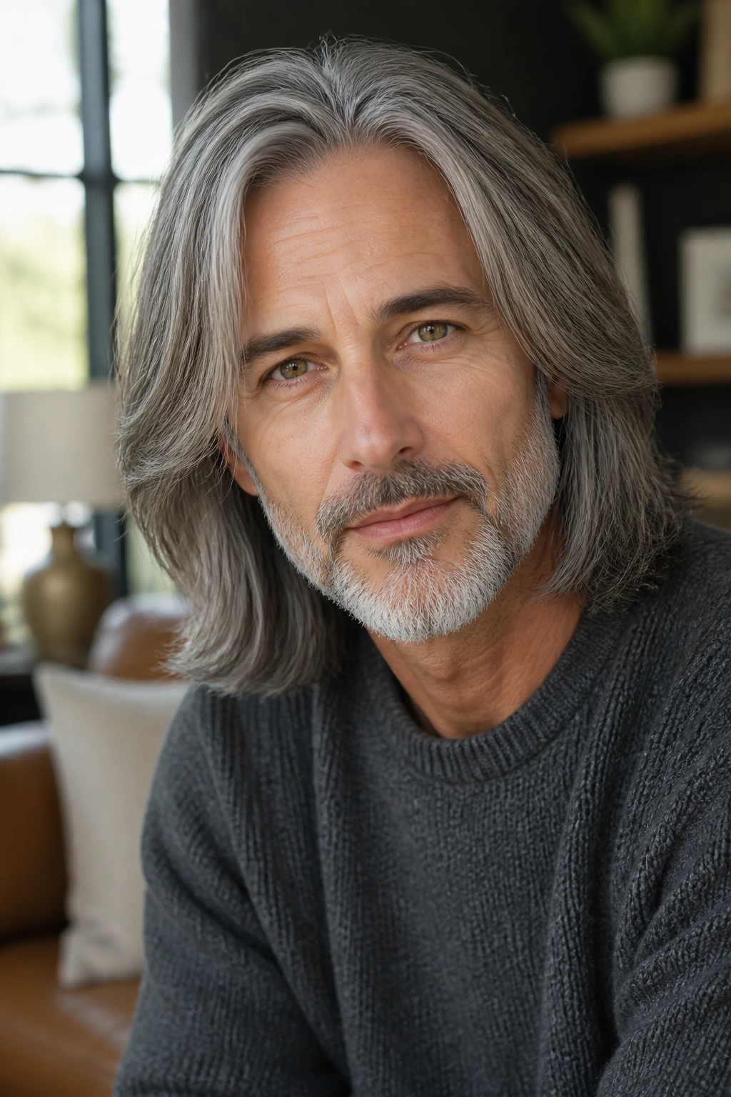 Close-up of man with shoulder-length gray layered hair in cozy interior