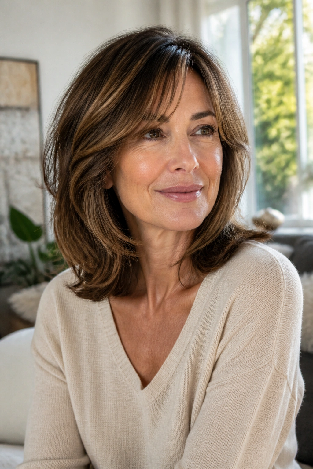 Mid-shot of a real woman with shoulder-length layered hair in a sunlit room