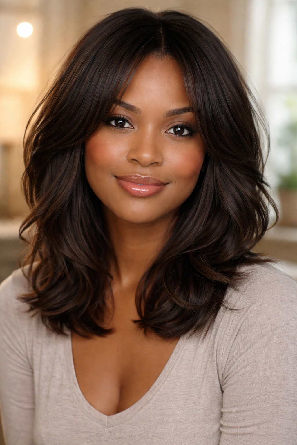 Real woman with shoulder-length layered hair framing her face.