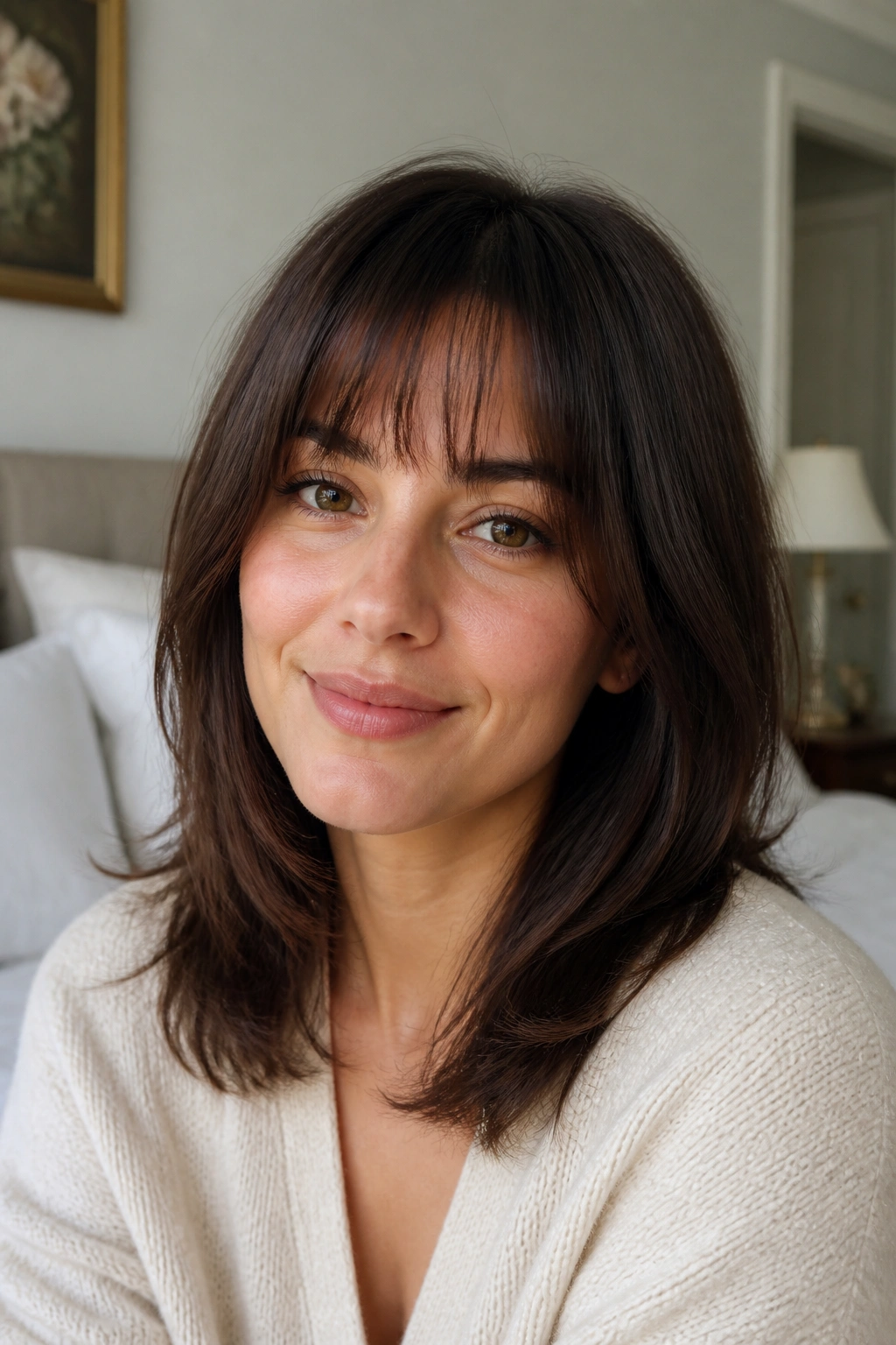 Real woman with shoulder-length layered hair and arched wispy fringe portrait