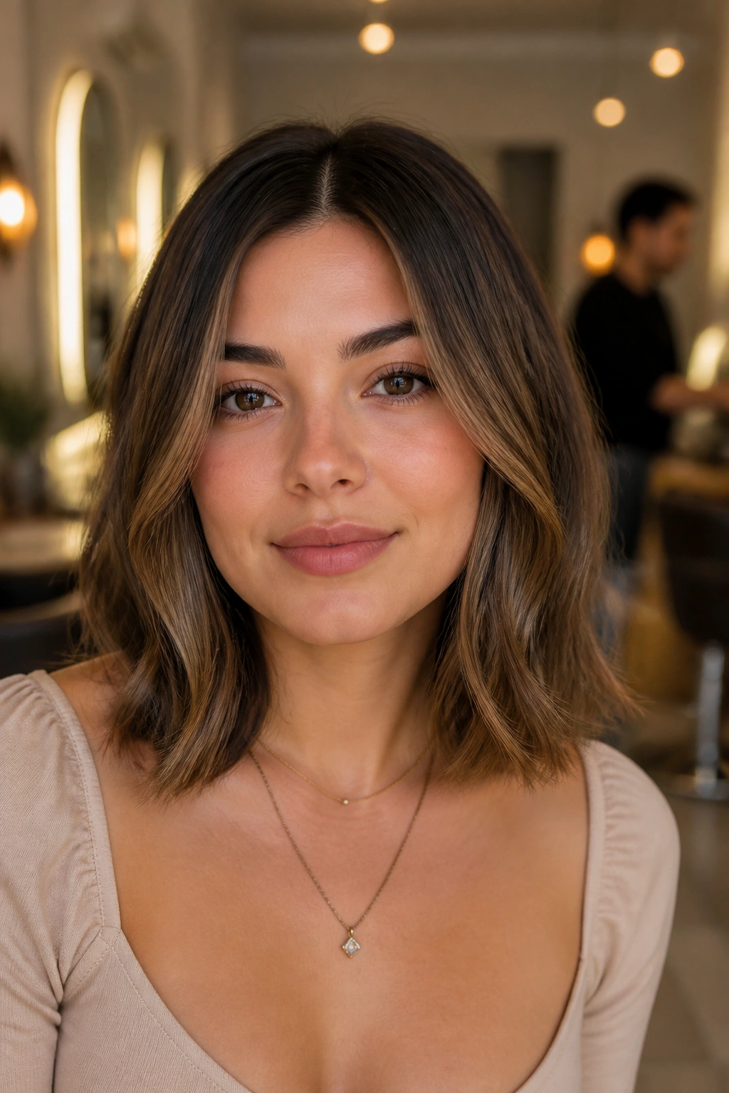 Close-up of a woman with shoulder-length lob and soft ends, warm lighting.