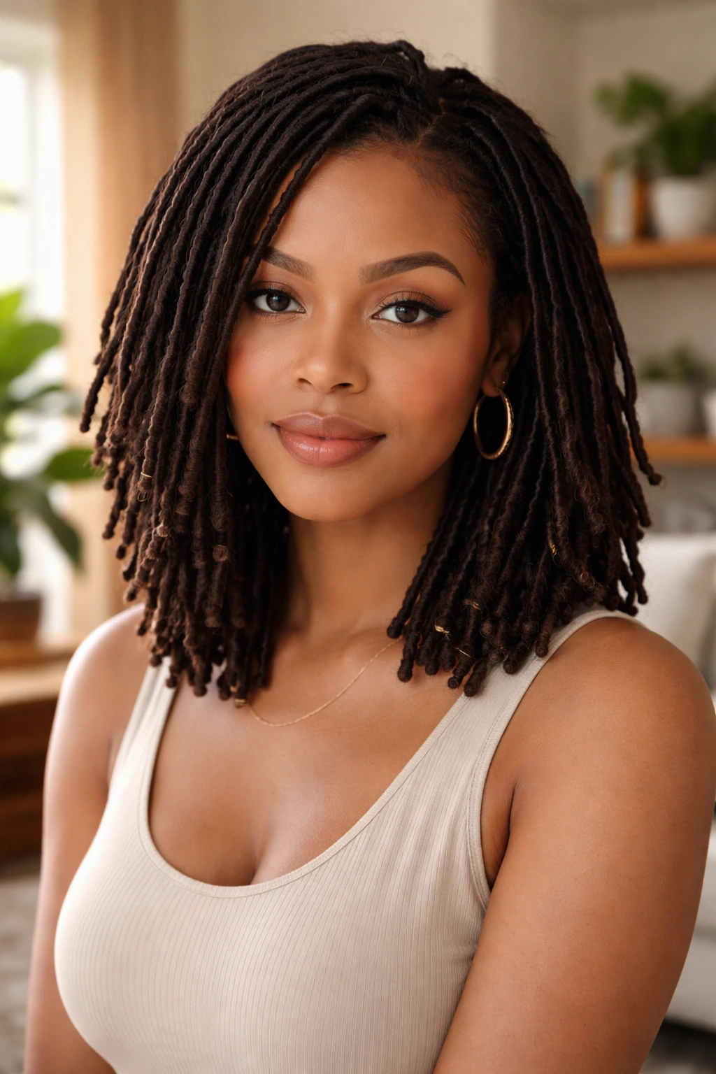 Close-up of a real woman with shoulder-length locs in warm natural light