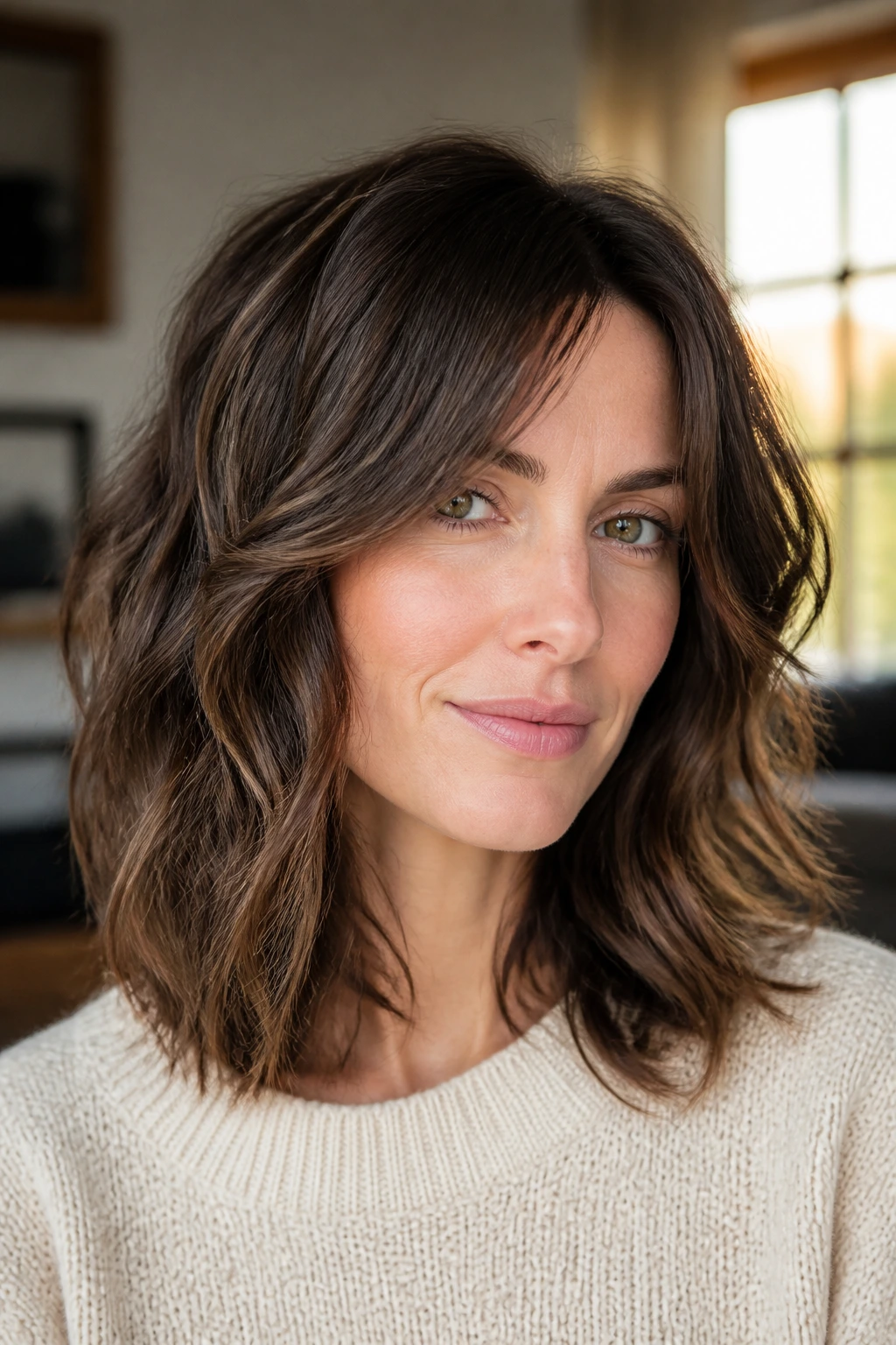 Close-up of a real woman with shoulder-length wavy hair and micro-layers.