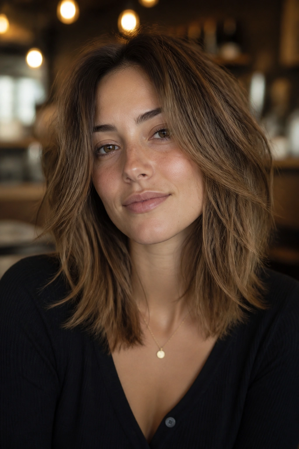 Close-up of a real woman with shoulder-length razor-cut layered hair