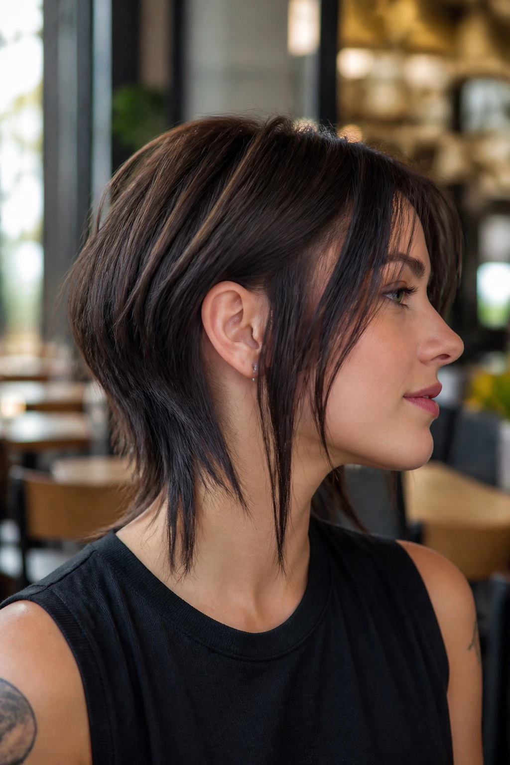 Close-up of Shoulder-Length Rocker Cut With an Under-Nape Detail on a real person in an urban cafe setting.