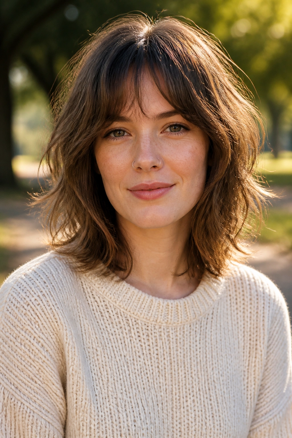 Woman with shoulder-length shag and airy ends outdoors in sunlight