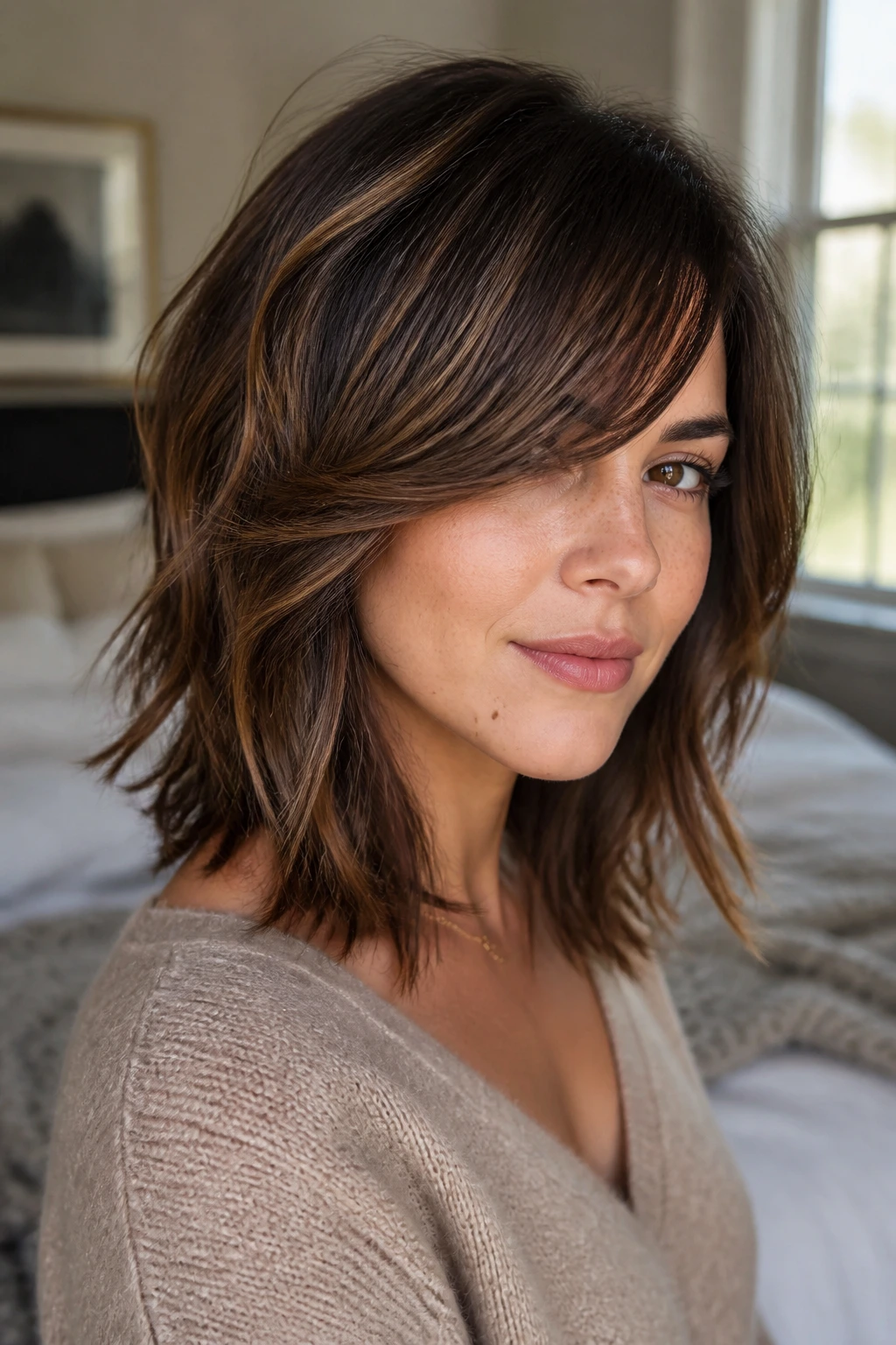Close-up portrait of a real woman with a shoulder-length shag and a long arc fringe.