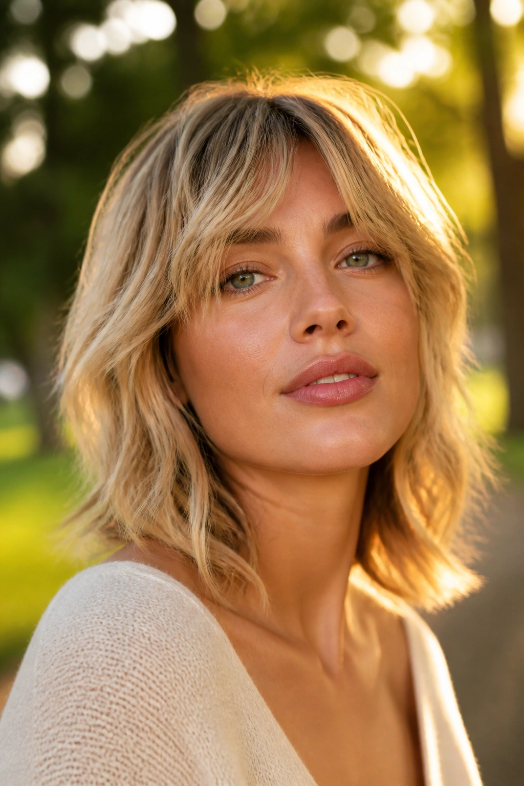 Portrait of a real woman with shoulder-length shag haircut in warm blonde tones.