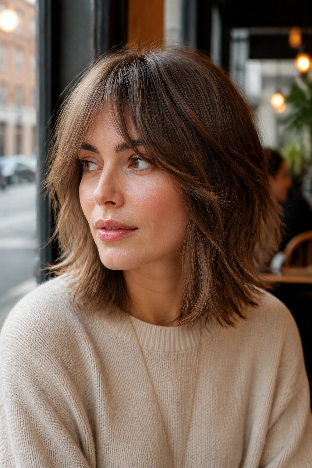 Portrait of a real woman with shoulder-length shag and bottleneck bangs