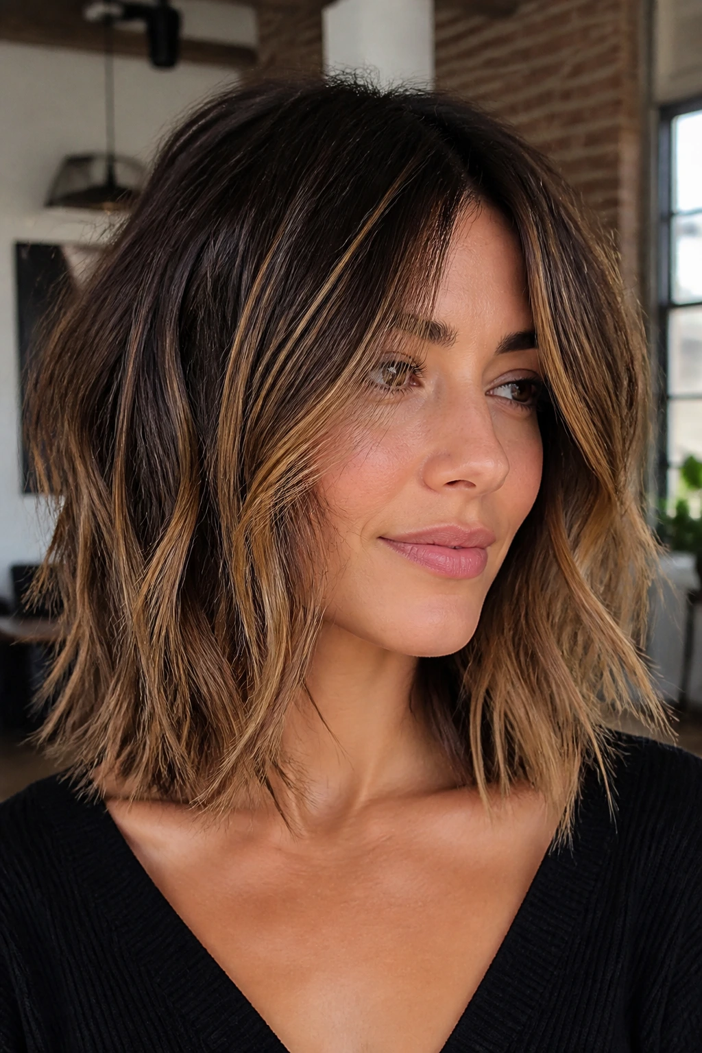 Portrait of a real woman with shoulder-length shag hair and broken-up caramel pieces in warm light