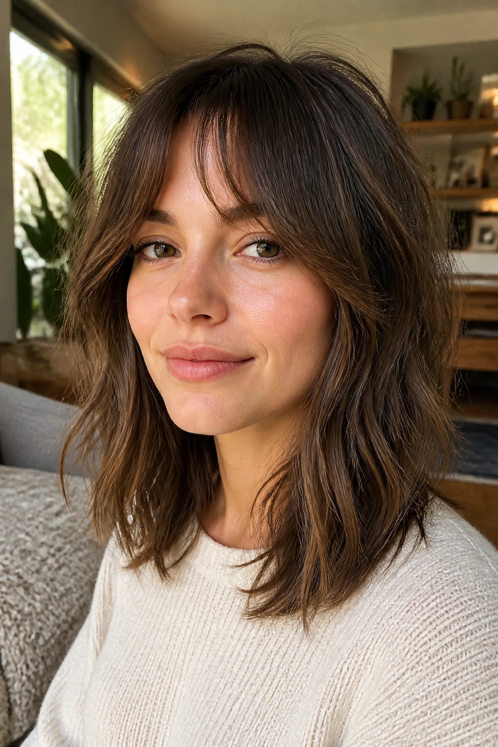 Real woman with shoulder-length shag and curtain bangs in natural daylight