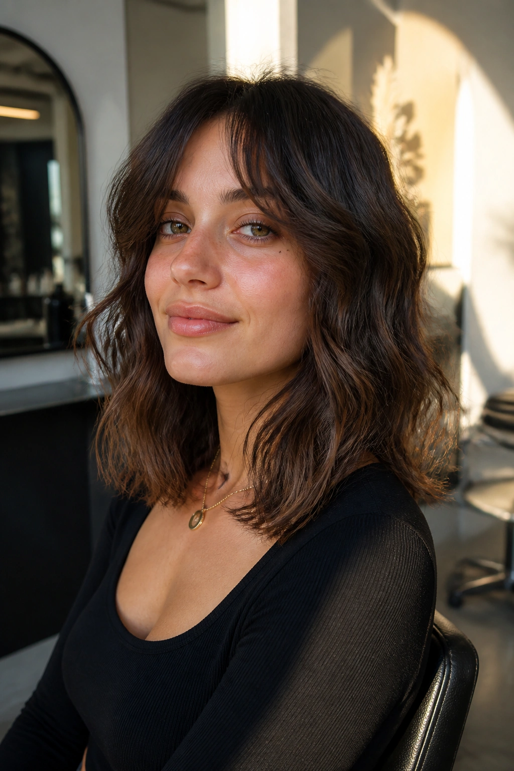 Portrait of a real person with shoulder-length shag and curtain fringe