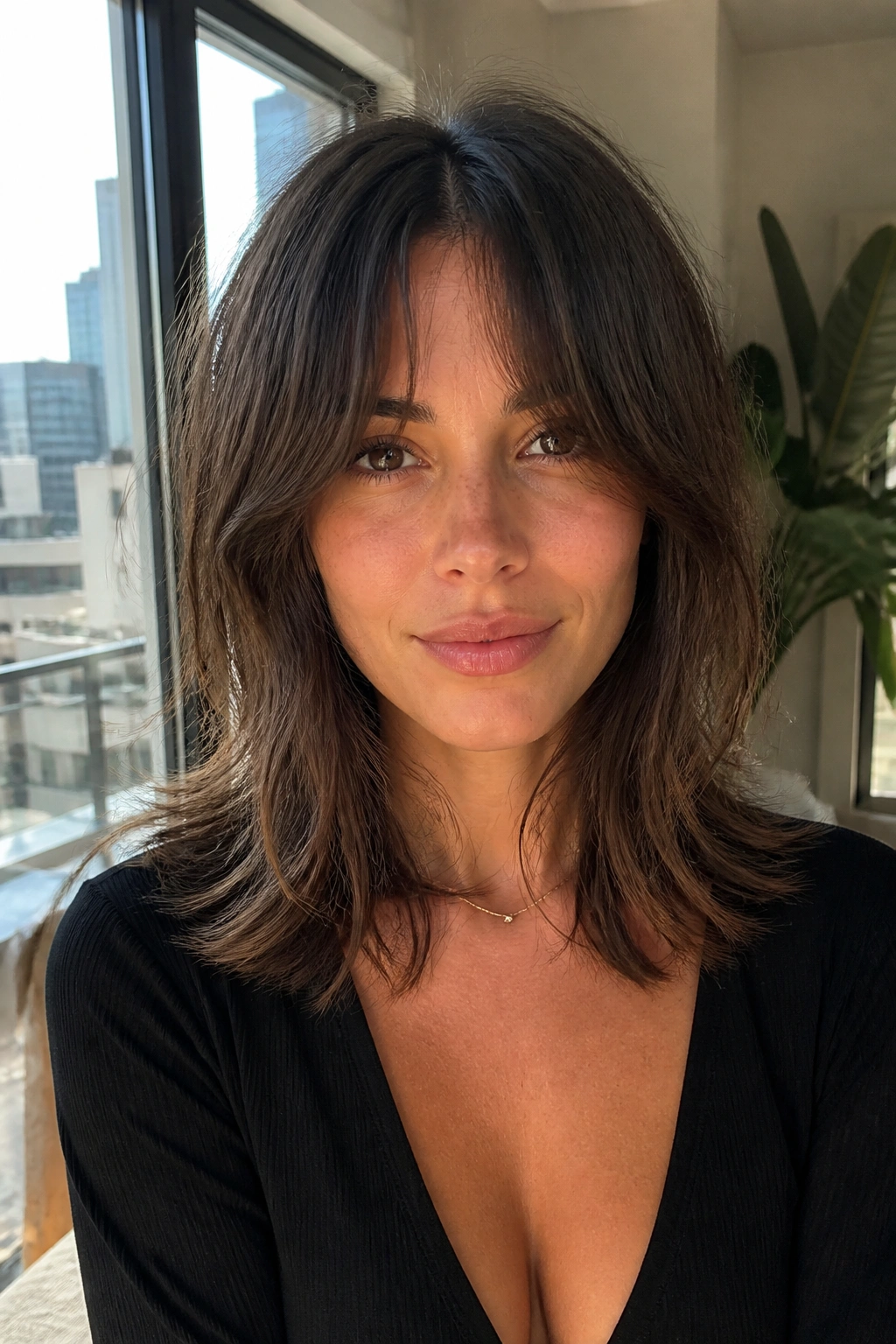 Real woman with shoulder-length shag and curtain fringe in a close-up.