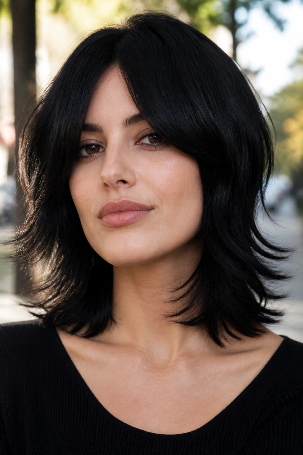 Portrait of a person with shoulder-length jet-black shag and flipped ends.