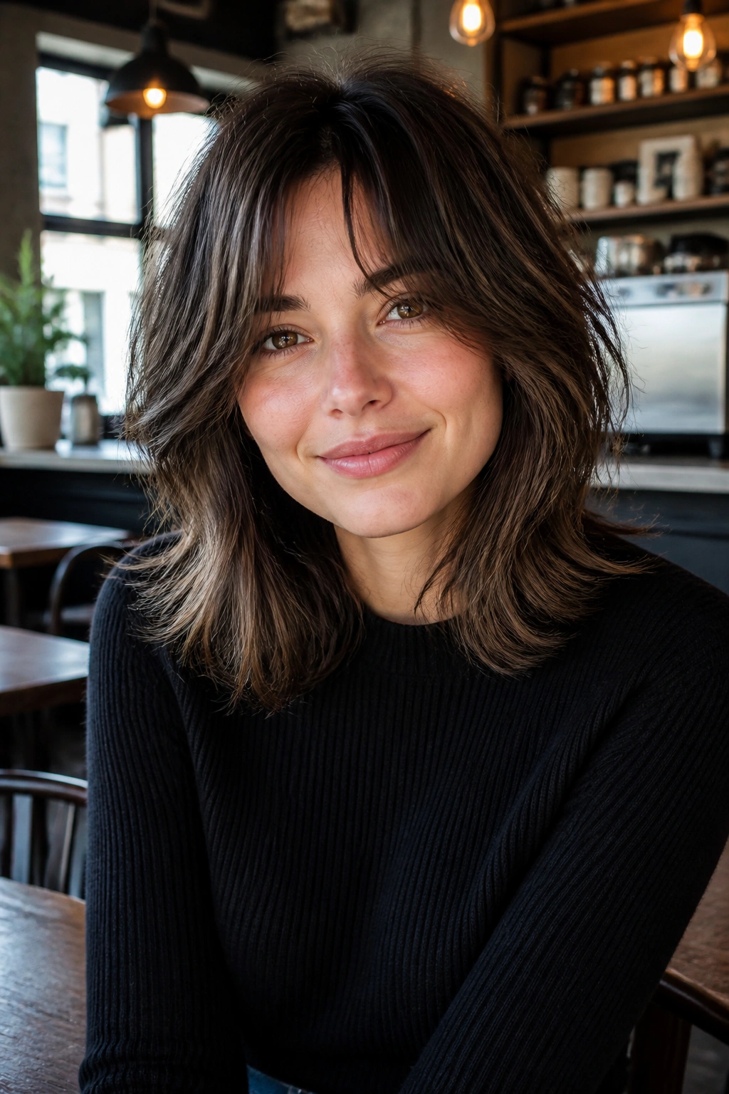 Close-up of a woman with a shoulder-length shag hairstyle in a cafe-like setting.