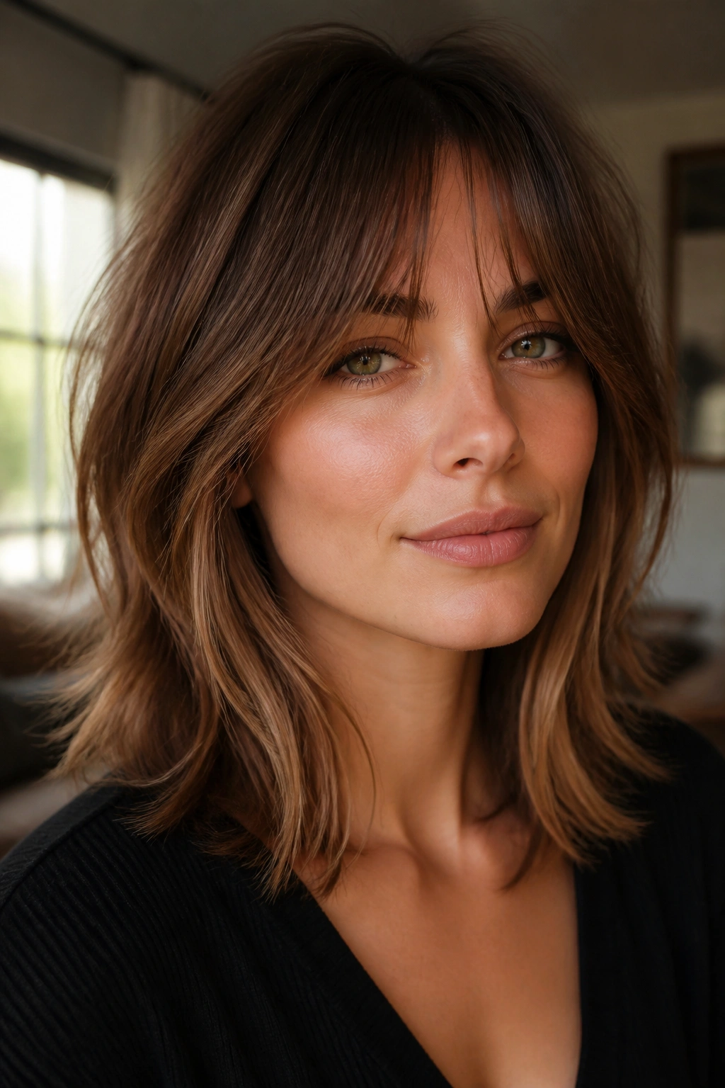 Real woman with shoulder-length interior-layer shag, close-up portrait