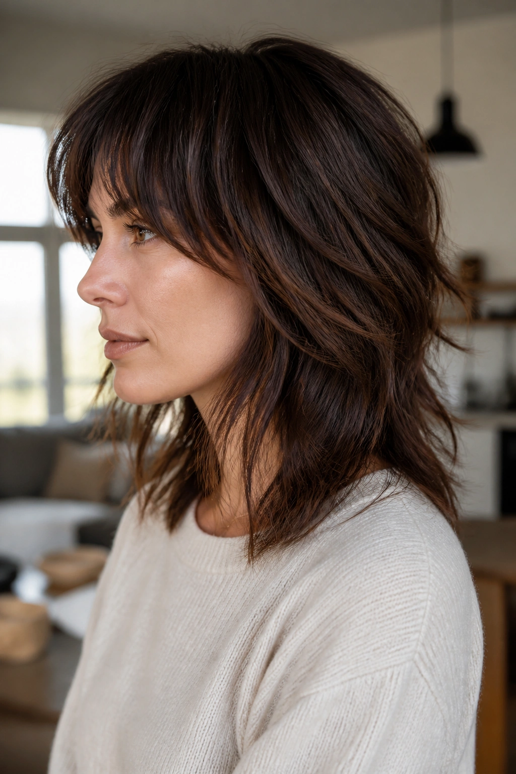 Real woman with shoulder-length shag and invisible layers in bright space