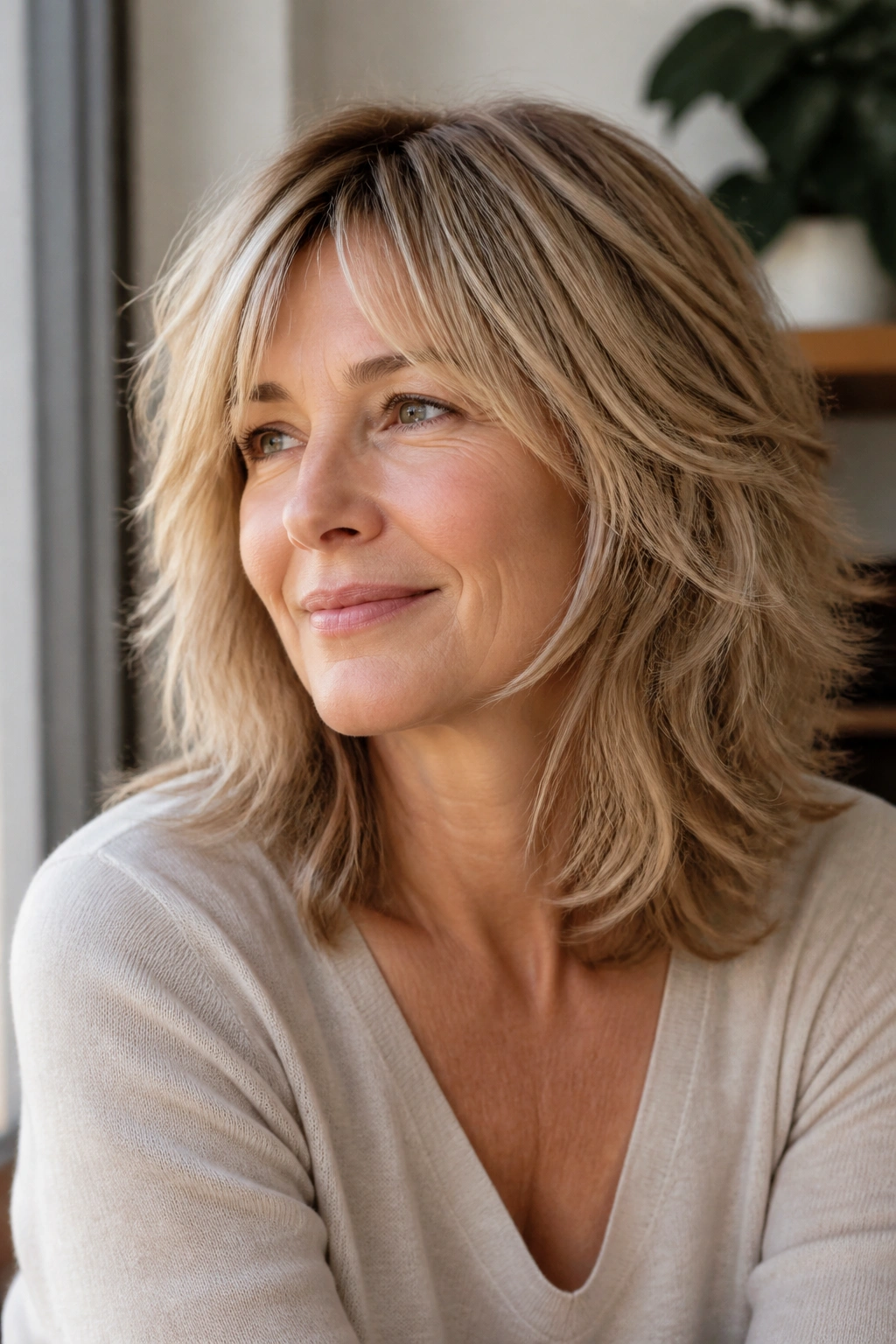 Woman with shoulder-length shag, soft layers and face-framing texture.