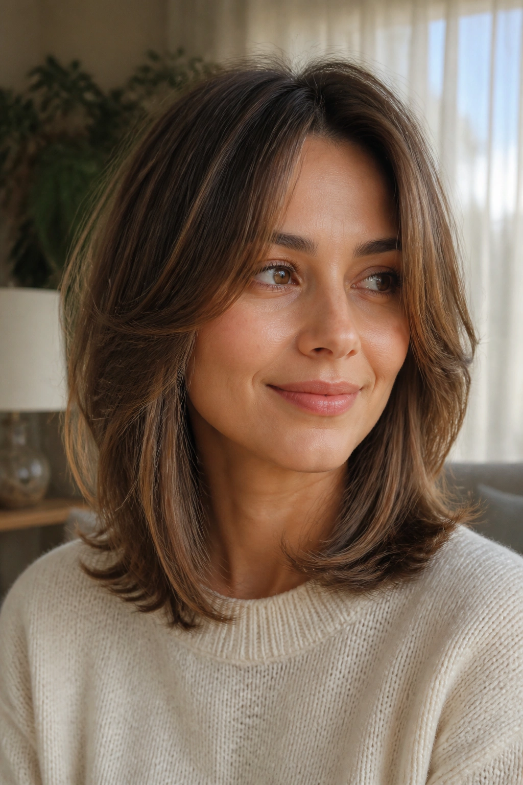 Close-up portrait of a real woman with a shoulder-length shag and polished ends.