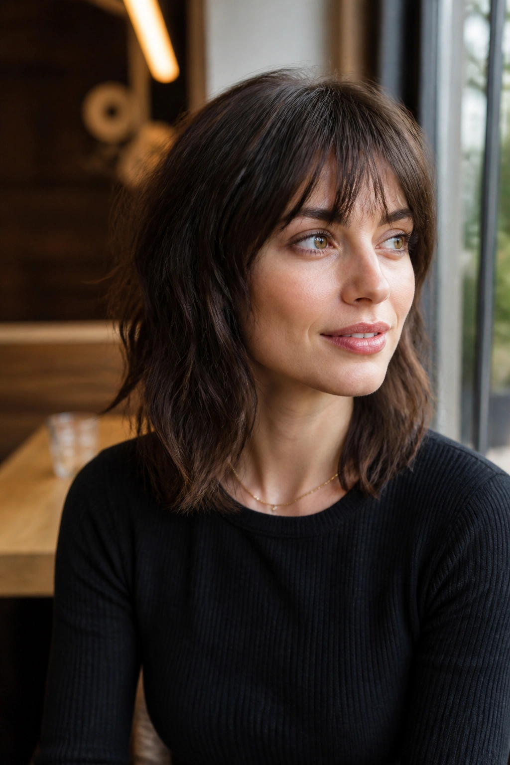 Medium close-up of a real person with shoulder-length shag in daylight by a cafe window