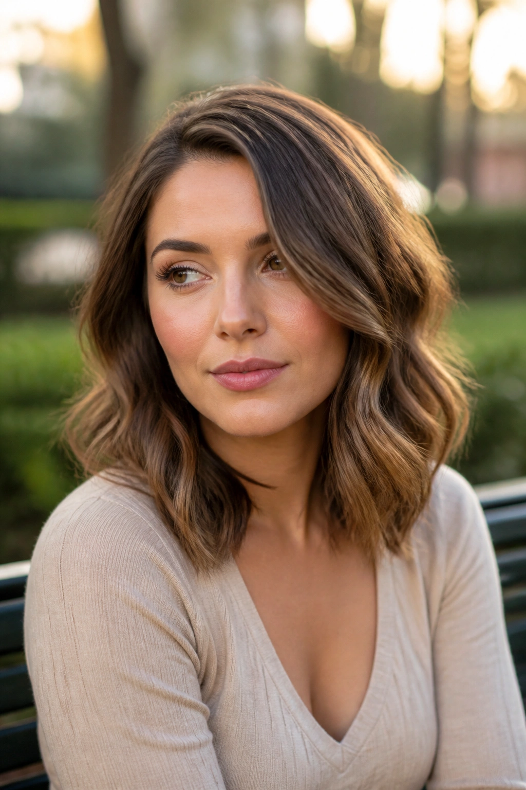 Close-up of a real woman with shoulder-length soft waves in outdoor light