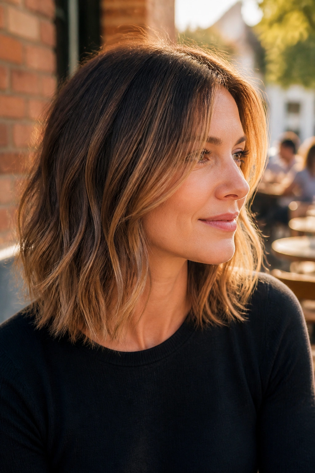 Close-up portrait of a real person with shoulder-length textured ends hair outdoors.