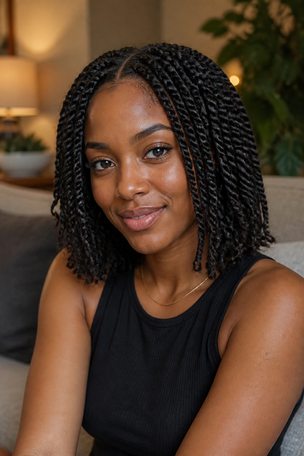 Real woman with shoulder-length twist bob in warm living room light.