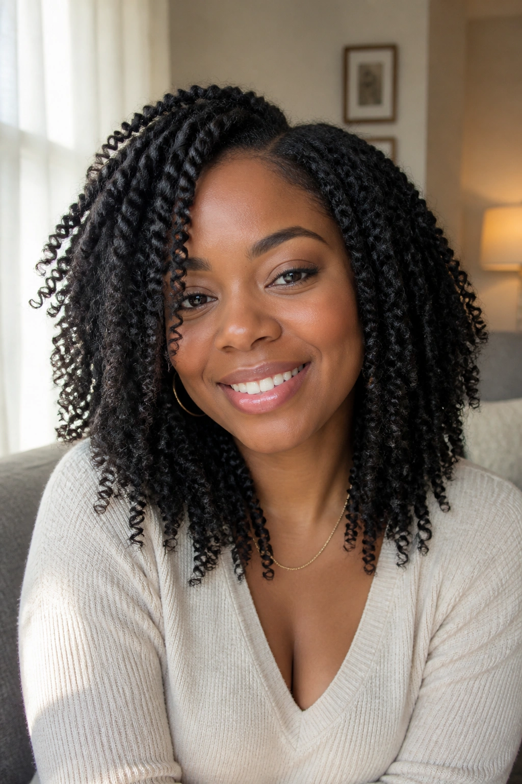 Medium close-up of a real person with shoulder-length twist-out and long layers