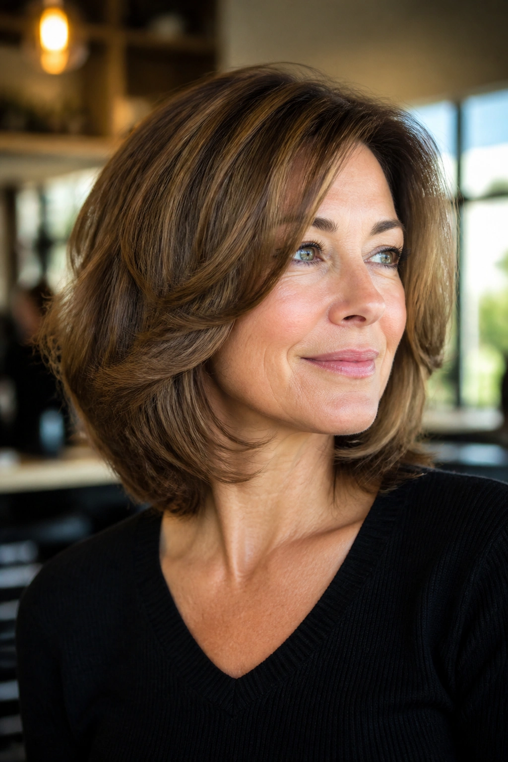 Close-up of a real woman with a tapered shoulder-length cut and side volume