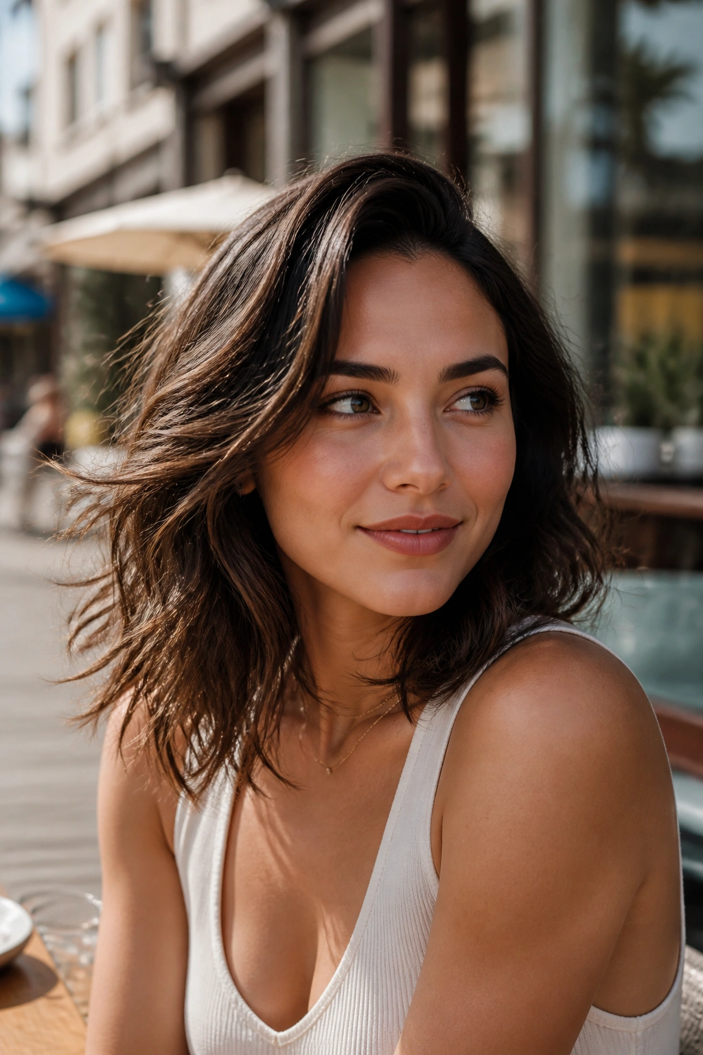 Portrait of woman with shoulder-length waves and side flip, off-center part outdoors