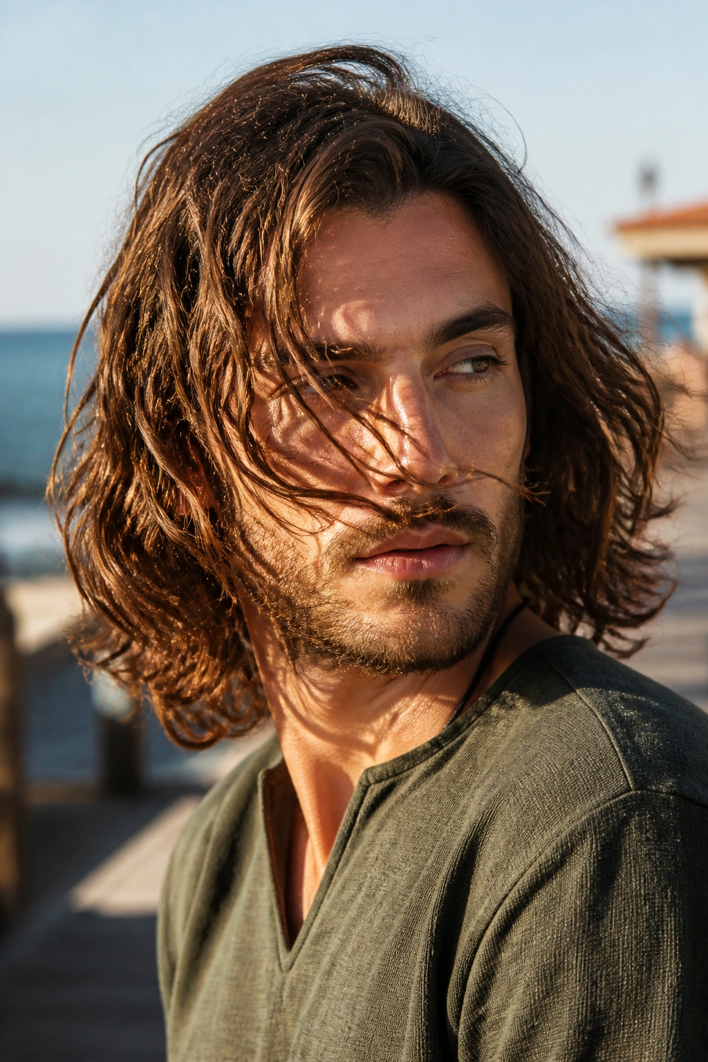 Portrait of a man with shoulder-length waves moving in the breeze.