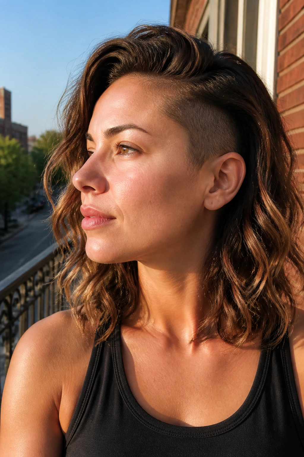 Portrait of person with shoulder-length waves and hidden undercut in morning sun