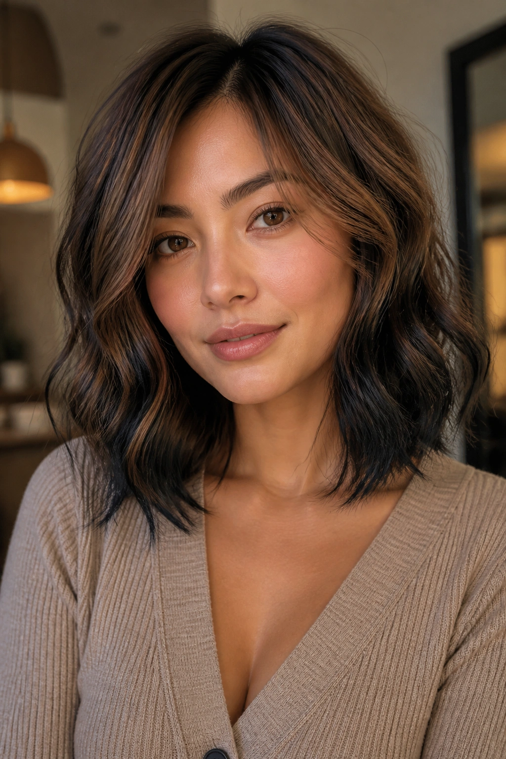 Close-up of shoulder-length waves with black highlights starting below the cheekbone
