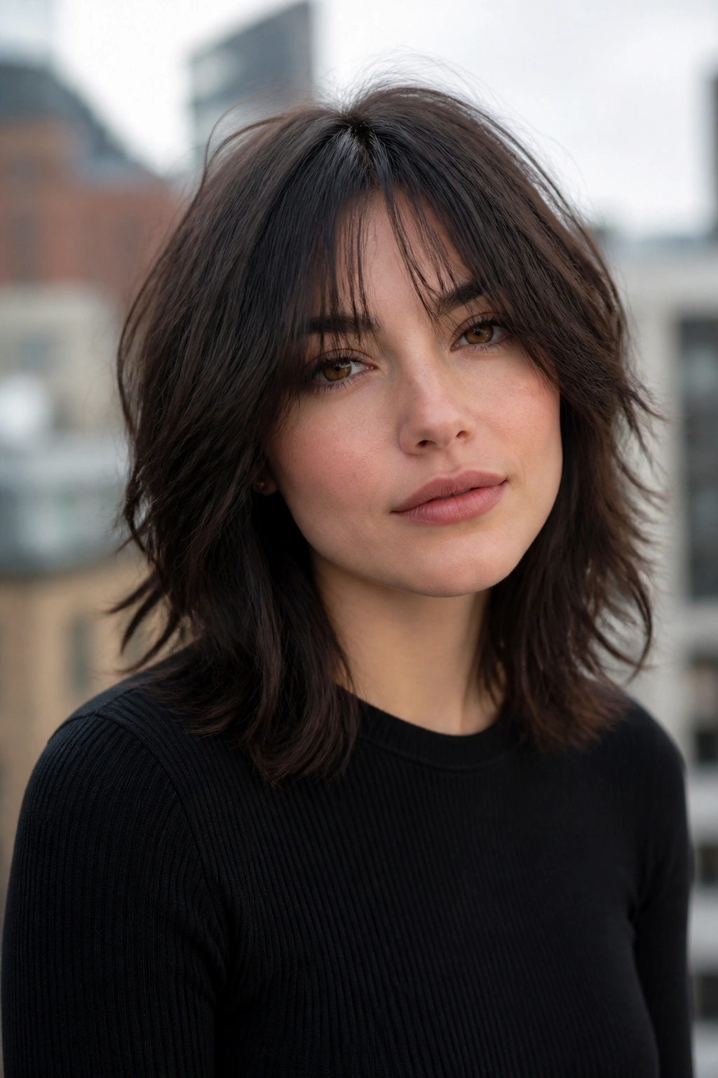 Medium close-up of a real person with shoulder-length wolf cut outdoors