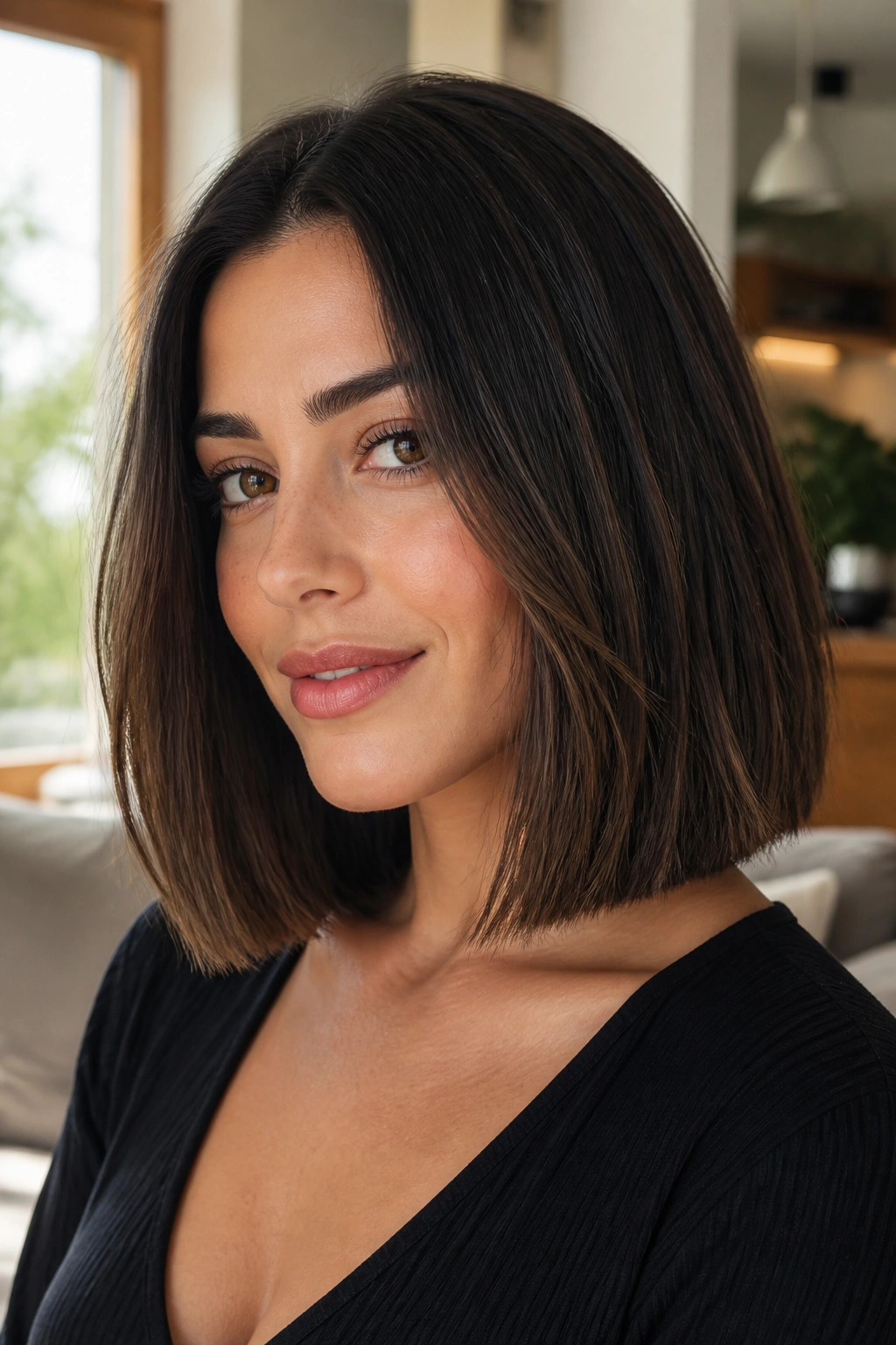 Close-up of a real woman with a shoulder-length blunt-ended lob under warm window light.