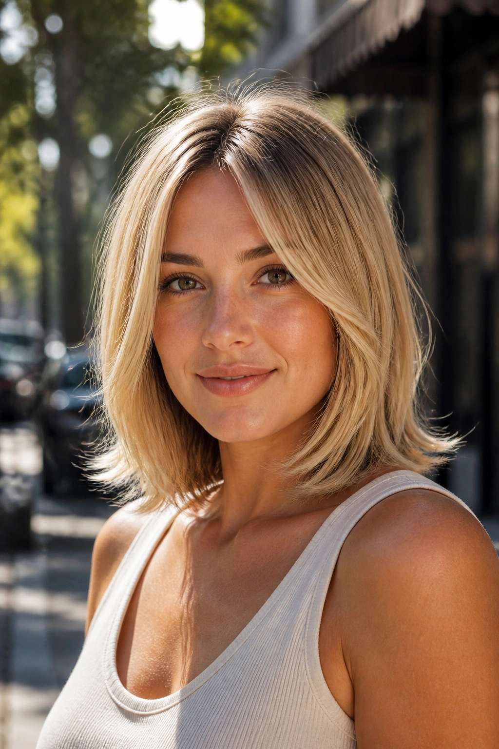 Real woman with shoulder-grazing lob and flipped-out ends, portrait outdoors