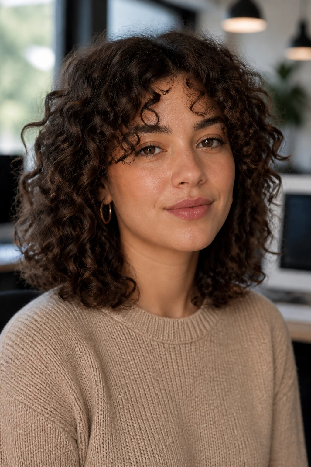 Portrait of a real person with shoulder-length curls and invisible layers