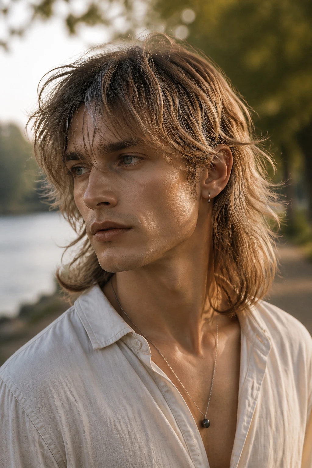 Close-up portrait of a real person with shoulder-length back mullet by a river