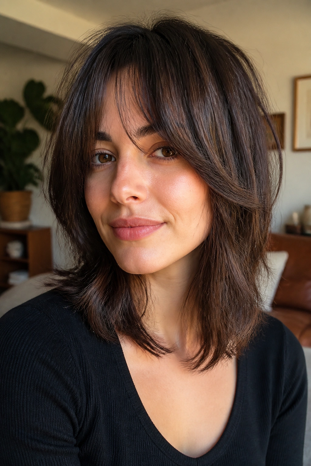 Portrait of a real woman with shoulder-skimming shag and curtain bangs