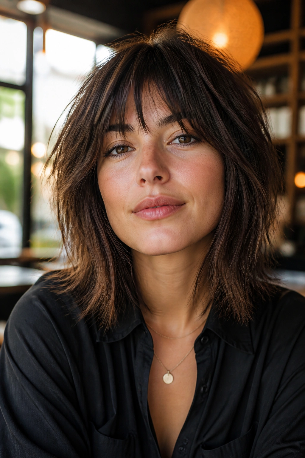 Real woman with shoulder-length razor shag in warm cafe light